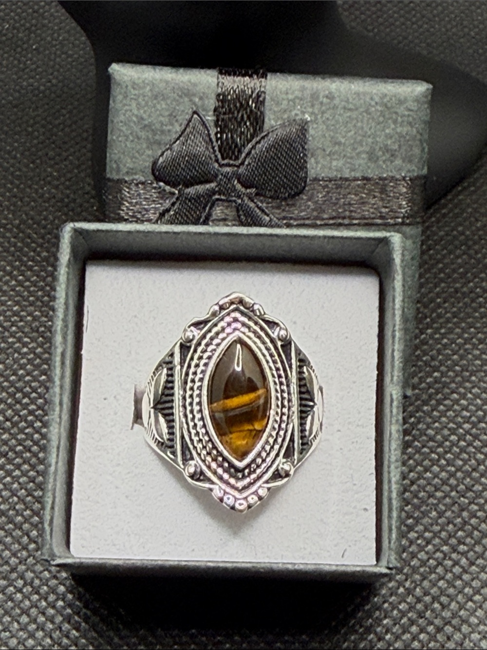 Sterling-Style Tiger's Eye Marquise Ring - Sz 8